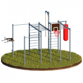 Уличный комплекс: 2 перекладины, брусья+пресс, 2 лестницы, 2 рукохода, подвес для Б/М, басктебольный щит, канат 